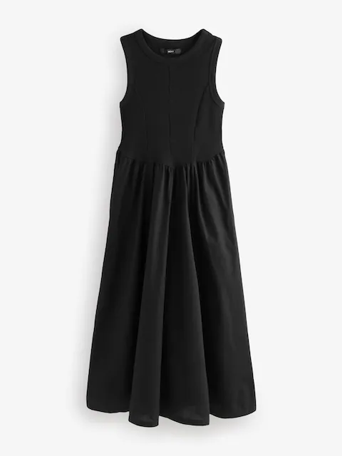 Black Woven Jersey Mix Sleeveless Racer Ribbed Midi Dress