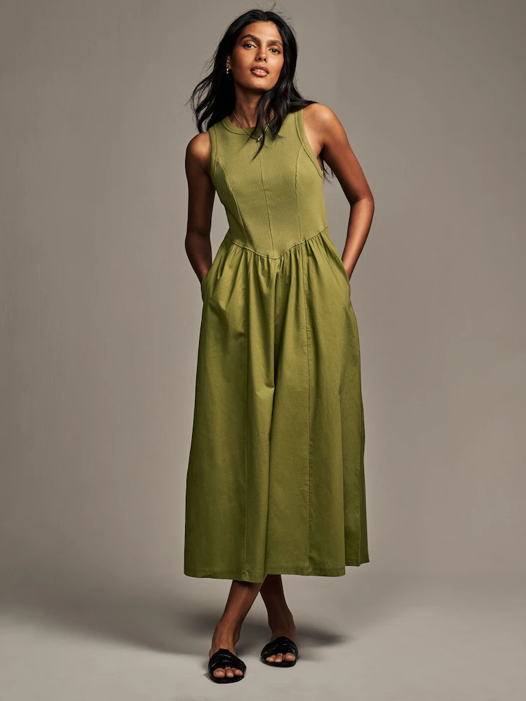 Khaki Green Woven Jersey Mix Sleeveless Racer Ribbed Midi Dress