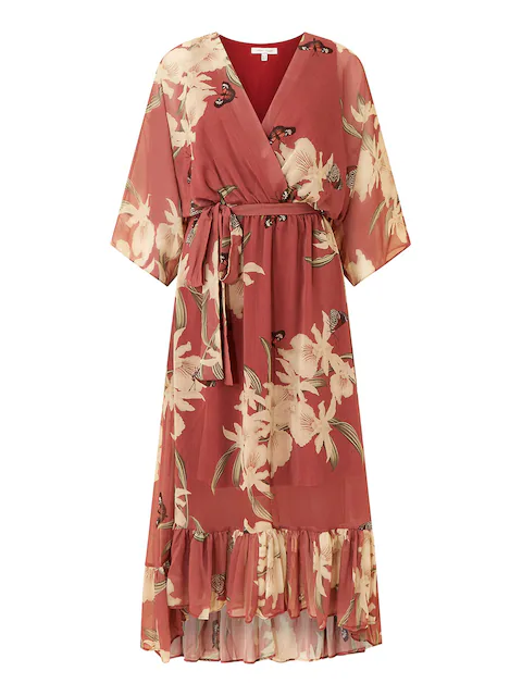 Yumi Rosewood Pink Floral Kimono Sleeves Dip Hem Wrap Midi Dress